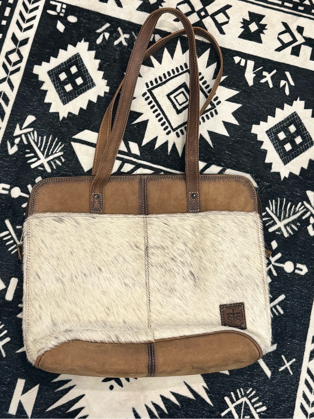 STS Ranchwear Brown Leather and Cream Haircalf Tote